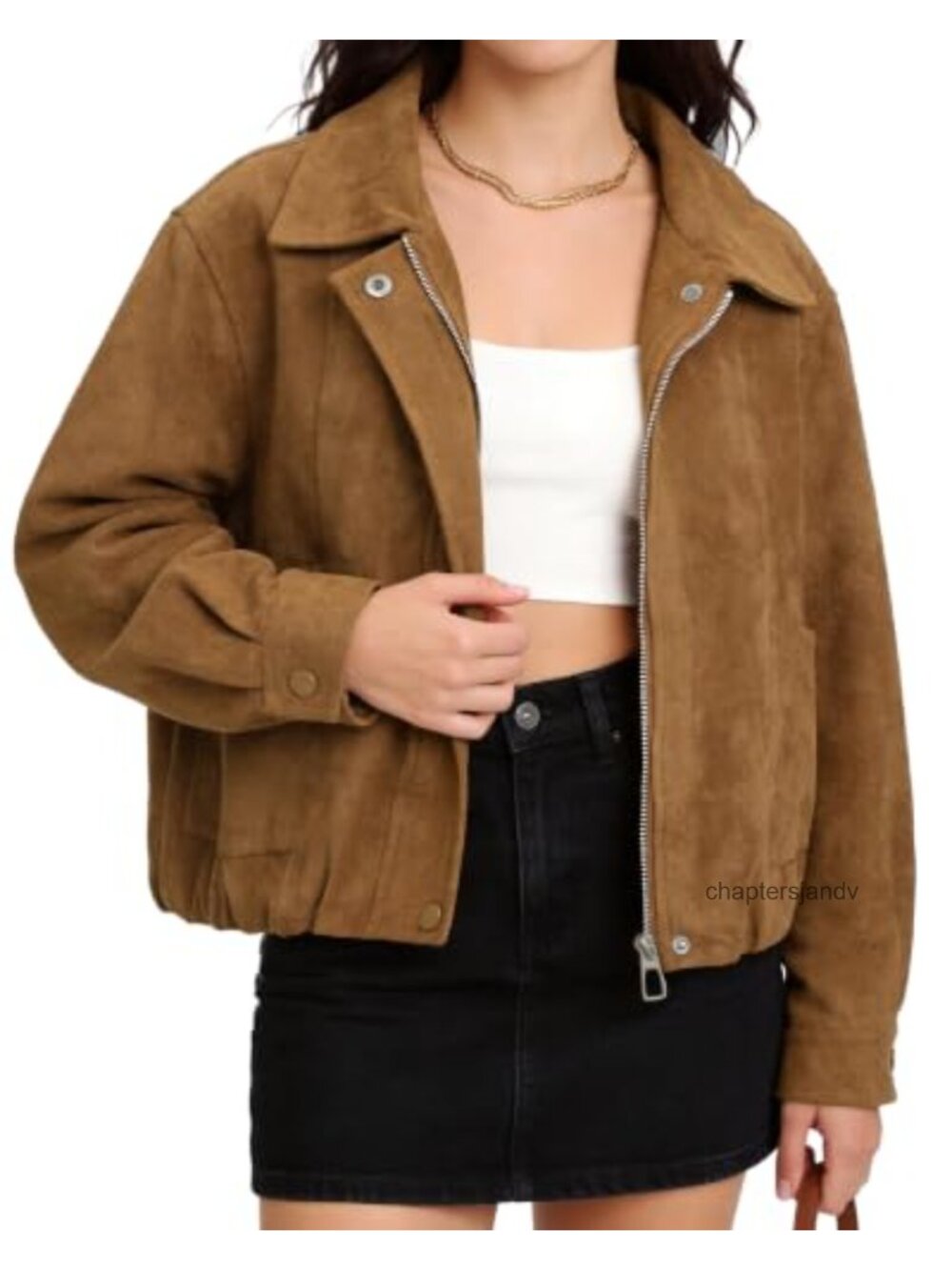 Faux Suede Cropped Bomber Jacket Cotton Blend Zip Up Women's